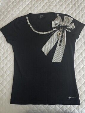 Chic Black Short-Sleeve Top with Striped Bow Accent Italy Size M